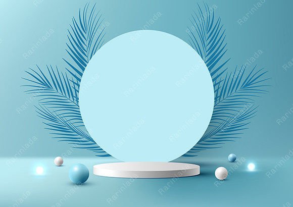 3D White Podium Blue Backdrop Palm Leaf for Professional Product Display