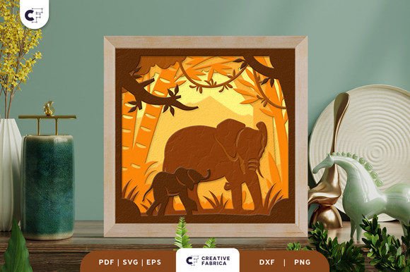 Elephant Mom and Baby 3D Shadow Box